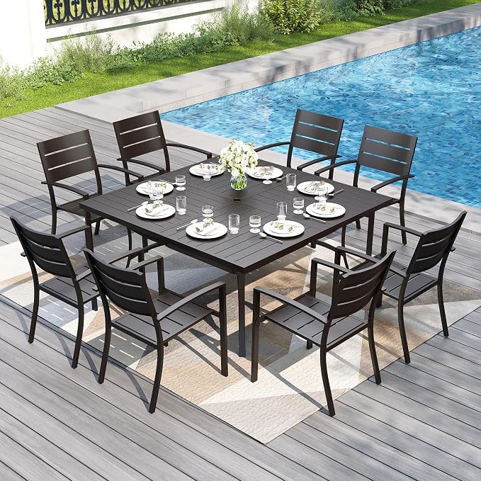 PHI VILLA 9 Pcs Outdoor Dining Set, 57.5" Square Metal Table, Black | Metal Table w/ Umbrella Hole & Stackable Iron Chairs,Patio Furniture Set for Deck,Yard, Porch