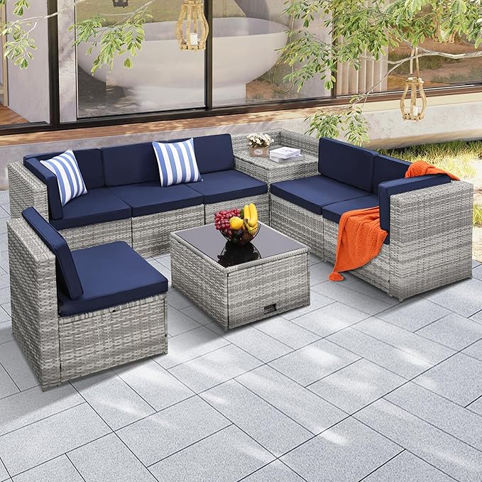 KROFEM 8 Piece Patio Furniture Set, Outdoor Modular Conversation Set, Blue | UV Treated Wickers, Machine Washable Cushions, Seats 6, 2 Hidden Storage Compartments, Rustproof Frame, Waterproof