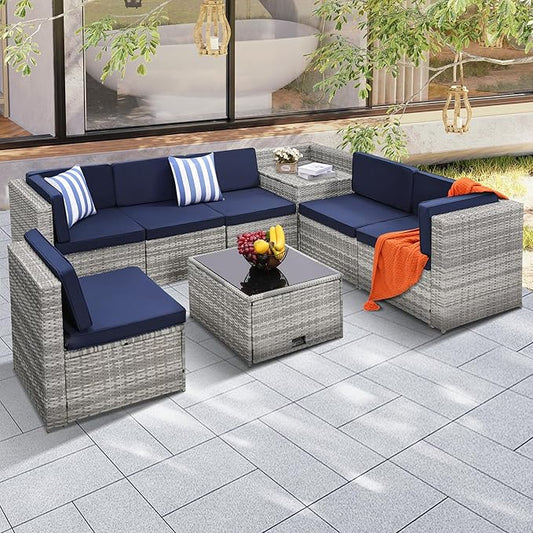 KROFEM 8 Piece Patio Furniture Set, Outdoor Modular Conversation Set, Blue | UV Treated Wickers, Machine Washable Cushions, Seats 6, 2 Hidden Storage Compartments, Rustproof Frame, Waterproof