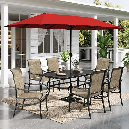 Sophia & William Patio Set with Umbrella, Outdoor Dining Set for 6 Persons, Outdoor Table with 13ft Orange Red Patio Umbrella & 6 x Fixed Chairs for Lawn Garden Backyard Pool (No Umbrella Base)