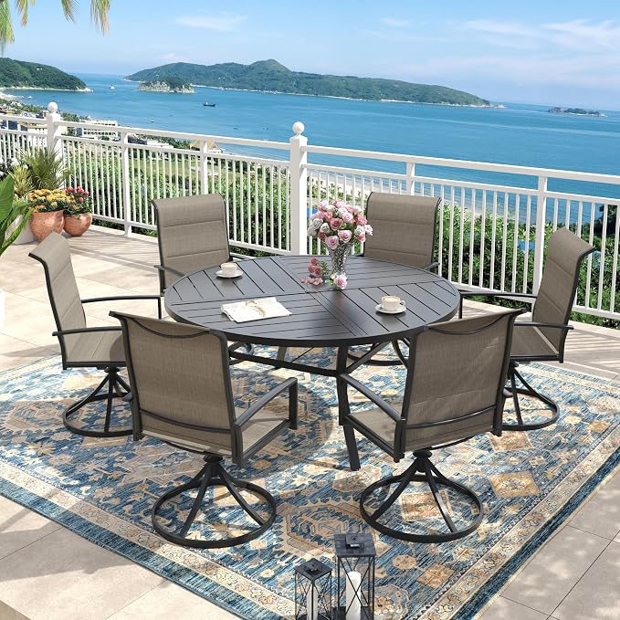 Outdoor Dining Set for 6, 50.1" Outdoor Dining Table with Umbrella Hole and Padded Textilene Patio Swivel Chairs, 7 Pieces Patio Table and Chairs Set for Garden Backyard, Mixed Brown and Black