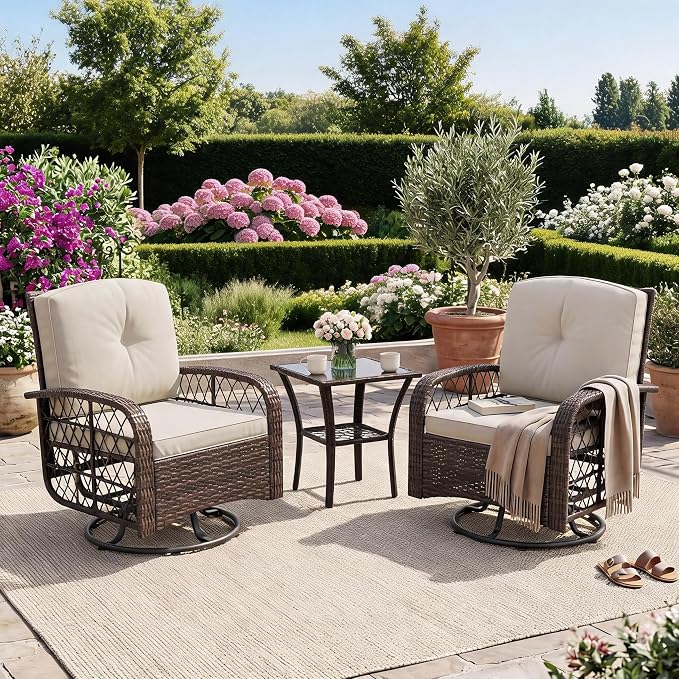 IDEALHOUSE 3-Piece Outdoor Patio Furniture Set, Wicker Swivel Rocking Chairs with Thick Cushions and Glass Coffee Table, Backyard & Garden Bistro Rocker Set, Brown+Beige Cushion