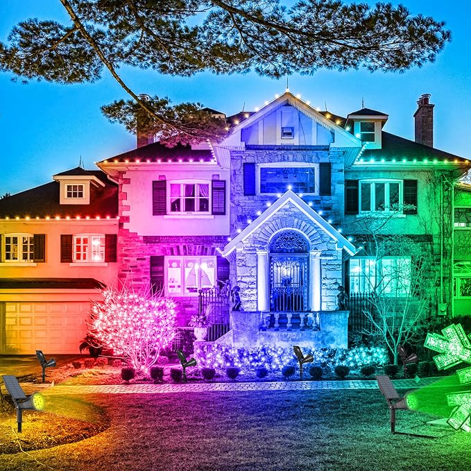 T-SUN Color Changing Solar Spot Lights Outdoor Waterproof, 7 LEDs, 2 Pack | 7 Color Changing Modes, IP65 Waterproof Dusk to Dawn Solar Uplights for Tree, Patio, Yard, Garden, Driveway, Pool Area