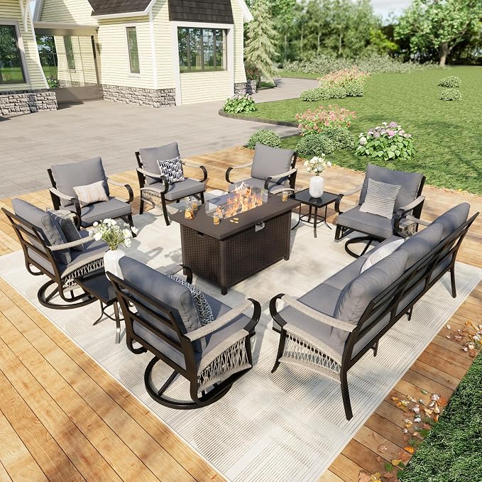 10 Pieces Patio Furniture Set, Metal Outdoor Conversation Sets with Fire Pit Table and Swivel Chairs for Backyard Garden Deck Porch Poolside (Thick Gray Cushions)