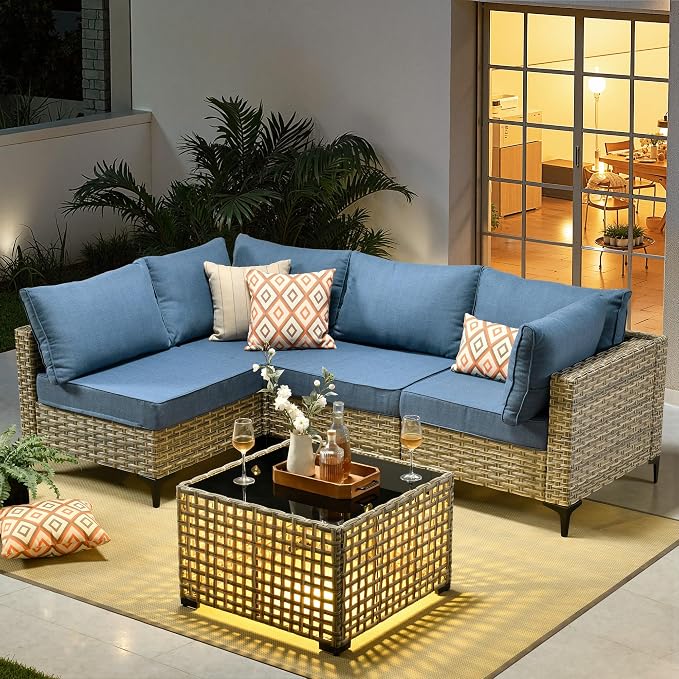 Outdoor Sectional Patio Furniture Set,5 Pieces Rattan Wicker Conversation Sets L Shaped Couch,Outside Furniture with Glowing Coffee Table,Denim Blue