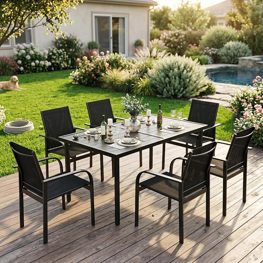 Garvee 7 Piece Patio Dining Set, Outdoor Furniture with 55" Rectangular Iron Table & 6 Textilene Chairs, All Weather Wood-Grain Finish, Suitable for Backyard, Garden, Poolside