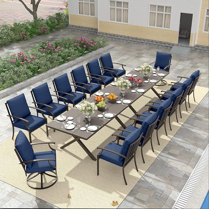 16 PCS Outdoor Patio Dining Set,Patio Table and Chairs Metal Outdoor Patio Furniture Set with Umbrella Hole,Dining Table Set with Swivel Chairs for Deck,Backyard and Garden,Navy Blue