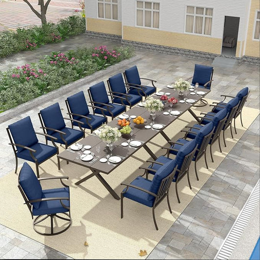 16 PCS Outdoor Patio Dining Set,Patio Table and Chairs Metal Outdoor Patio Furniture Set with Umbrella Hole,Dining Table Set with Swivel Chairs for Deck,Backyard and Garden,Navy Blue