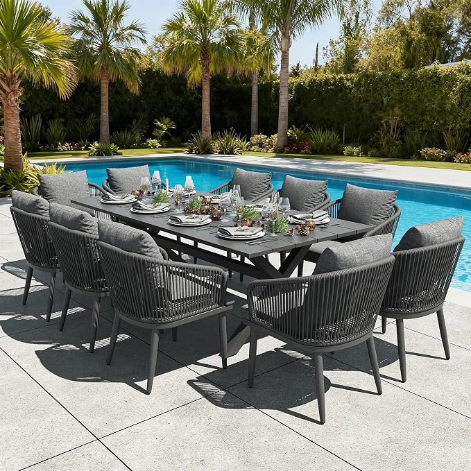 LayinSun 11 Pieces Outdoor Patio Dining Set, Aluminium Rectangular Dining Table and Wicker Rattan Chairs Set for Outside Backyard, Poolside