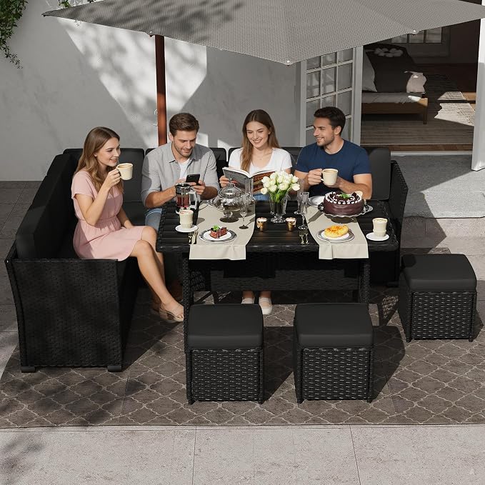 KIGOTY 7 Piece Patio Furniture Set, Outdoor PE Wicker Rattan Outdoor Dining Set, Patio Table and Chairs Set, Patio Conversation Sofa Set with Dining Table and Ottoman(Black-Black)