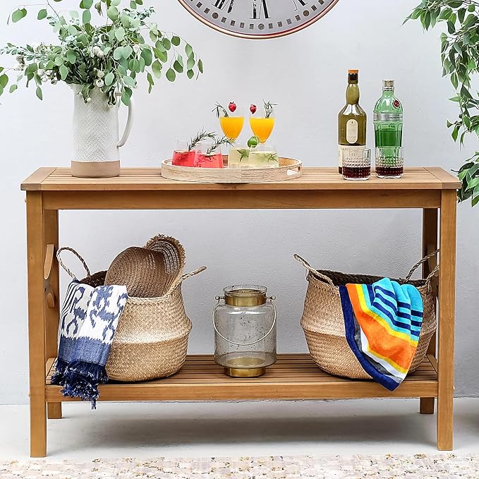 Cambridge Casual Chester Teak Wood Outdoor Console Table, Natural Teak, Narrow Garden Table with Bottom Shelf for Patio, Deck, Entry Way or Poolside – Weather-Resistant