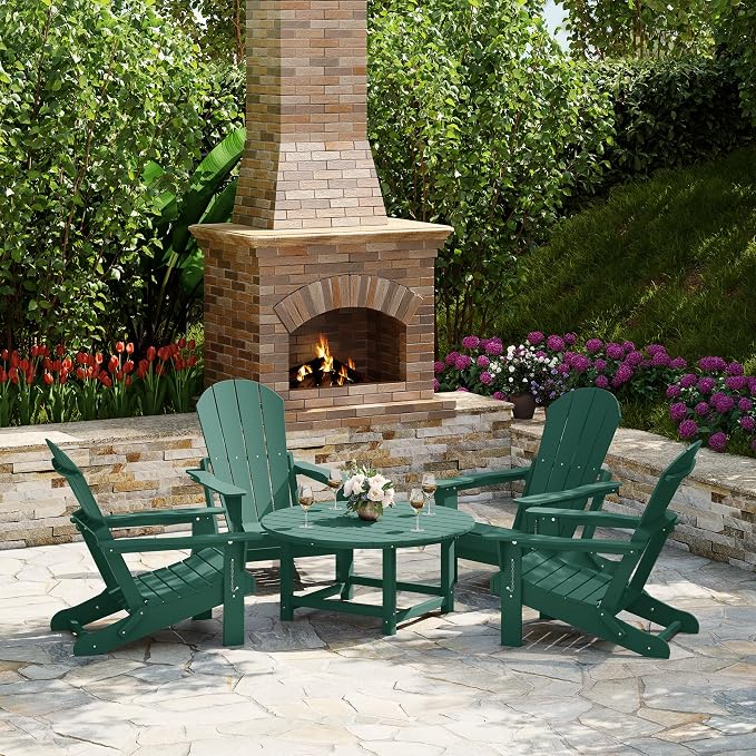 Costaelm Patio Conversation Set, 5 piece Balcony Furniture, Small Patio Firepit Furniture Outdoor Adirondack Round Coffee Table and Chair for Backyard Lawn Porch Pool Garden, Dark Green