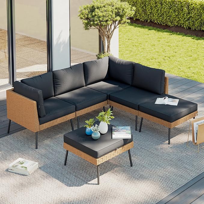 Aoxun 6 Piece Patio Furniture Set, 6 Seats Outdoor Sectional Sofas with Thick Cushion, Wicker Outdoor Patio Furniture Set with Ottomans for Party, Garden, Backyard, Black