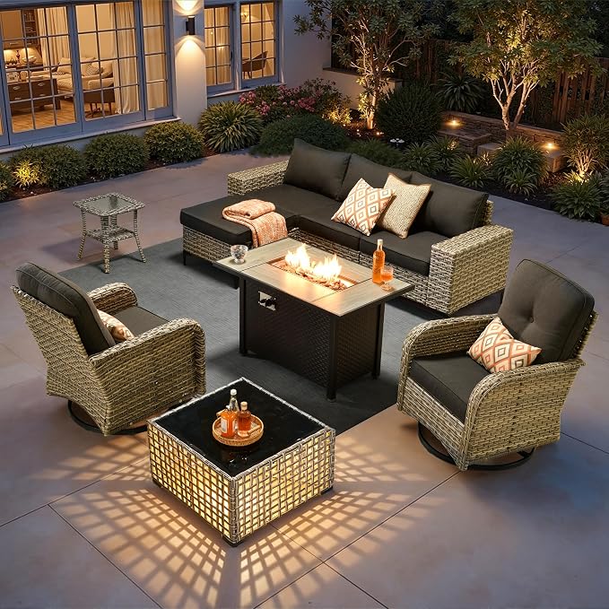 HOOOWOOO 9 Pieces Patio Furniture Set,L Shaped Outdoor Sectional Couch with Fire Pit Table, Pe Wicker All Weather Outside Conversation Sofa Swivel Chiars Solar Table Ottoman Set,Black