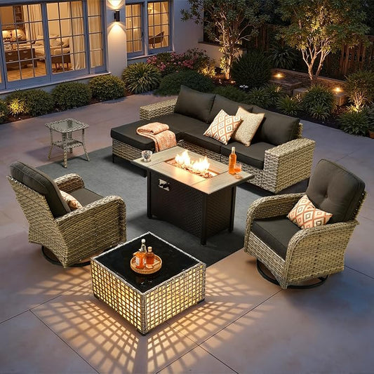 HOOOWOOO 9 Pieces Patio Furniture Set,L Shaped Outdoor Sectional Couch with Fire Pit Table, Pe Wicker All Weather Outside Conversation Sofa Swivel Chiars Solar Table Ottoman Set,Black