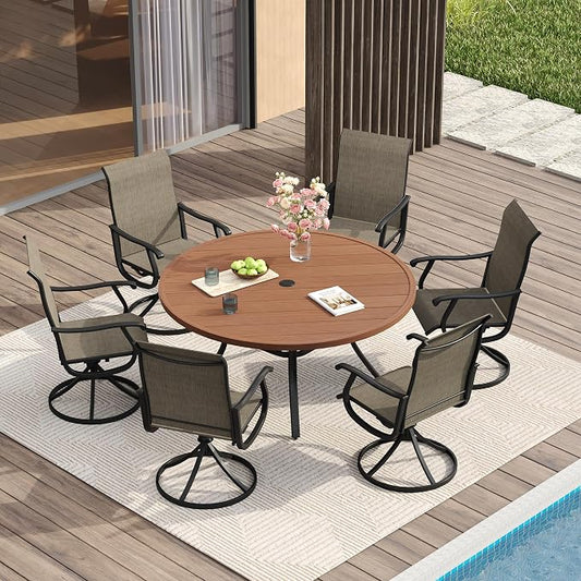 VICLLAX Patio Dining Set for 6, 7 Pieces Outdoor Furniture Includes 53" Round Patio Table with Umbrella Hole and 6 Outdoor Swivel Chairs for Lawn Garden, Walnut Tabletop and Mixed Brown Fabric