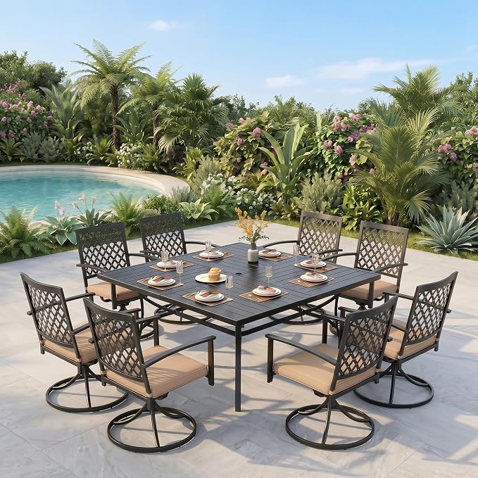 PHI VILLA 9 Pcs Outdoor Dining Set, 57.5" Steel Table w/Umbrella Hole | 57.5" square table & 8 swivel chairs w/ cushions. E-coated rustproof frame. 350+ lbs. Ideal for patio,deck,backyard