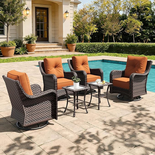 6 Pieces Outdoor Furniture Set with 6-inch Cushions, High Back Wicker Swivel Rocker Chairs with Coffee Table, Luxury Conversation Set for Deck Patio and Poolside