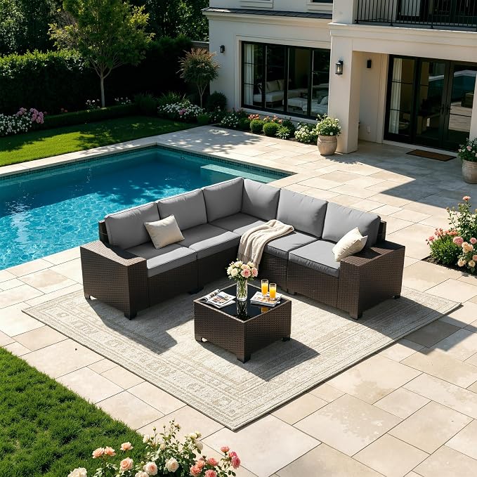 Patio Furniture Set 6 Pieces Outdoor Sectional Sofa Set,PE Rattan Wicker Patio Conversation Set with Thickened Cushions and Glass Coffee Table,Grey