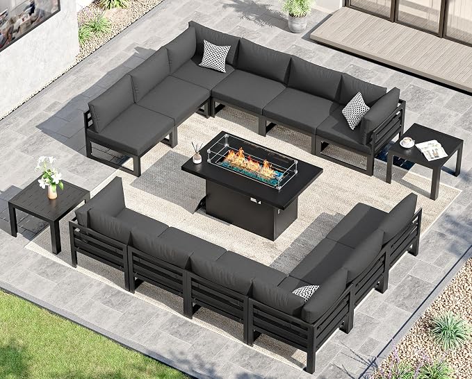 NICESOUL 15 Pcs Extra Large Aluminum Patio Furniture Set with Fire Pit Table & Coffee Table, 500 lbs Durable Outdoor Sectional Set for Heavy People, Outside Conversation Set for Backyard, Dark Gray