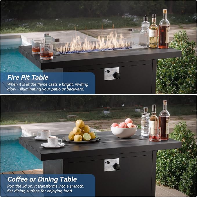 Kurapika Aluminum Patio Furniture Set 5-Seat Modern Metal Outdoor Conversation Sets w/45in Propane Fire Pit Table, w/5.1 Inch Cushion Patio Sectional Sofa w/5.1 inch Cushion, Navy Blue