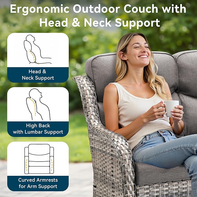 Luxury Outdoor Patio Furniture Set-Wicker High Backrest 3-Seat Patio Sofa with Comfy 6" Cushion, Rattan Couch with Deep Seat All-Weather Patio Conversation Set for Deck Backyard Garden(Grey/Grey)