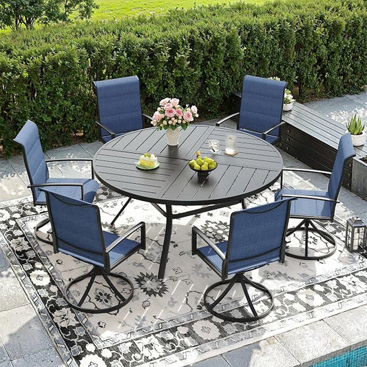 DIFY 7 Piece Outdoor Dining Set, Metal Patio Table and Chairs Set, 50" Black Round Dining Table & 6 Blue Padded Textilene Swivel Patio Chairs, Outdoor Furniture Set for Garden Backyard Porch