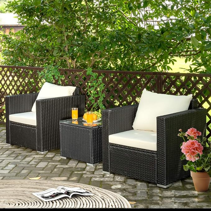 Tangkula 3 Pieces Patio Furniture Set, PE Rattan Wicker Sofa Set w/Washable Cushion and Tempered Glass Tabletop, Outdoor Conversation Furniture for Garden Poolside