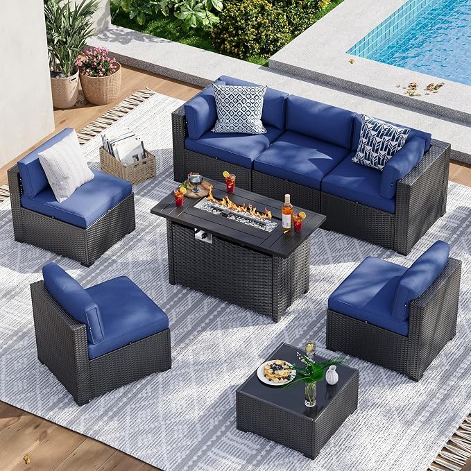 Aoxun 8 Piece Patio Furniture Set with 44” Fire Pit Table, Wicker Patio Sectional Sofa, Outdoor Furniture Set with Thickened Cushion, Blue