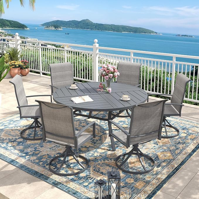 Outdoor Dining Set for 6, 50.1" Outdoor Dining Table with Umbrella Hole and Padded Textilene Patio Swivel Chairs, 7 Pieces Patio Table and Chairs Set for Garden Backyard, Grey and Dark Grey