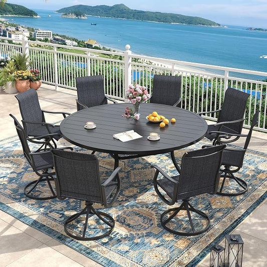 Outdoor Dining Set for 8, 63" Metal Round Outdoor Dining Table with Umbrella Hole and Sling Patio Swivel Chairs, 9 Pieces Patio Table and Chairs Set for Garden Backyard, Charcoal and Black