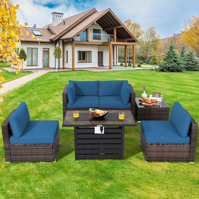 Tangkula 6-Piece Patio Furniture Set with 42 Inches Propane Fire Pit Table, Outdoor Wicker Conversation Set with Cushions and Tempered Glass Coffee Table, 50,000 BTU Gas Fire Pit Table (Navy)