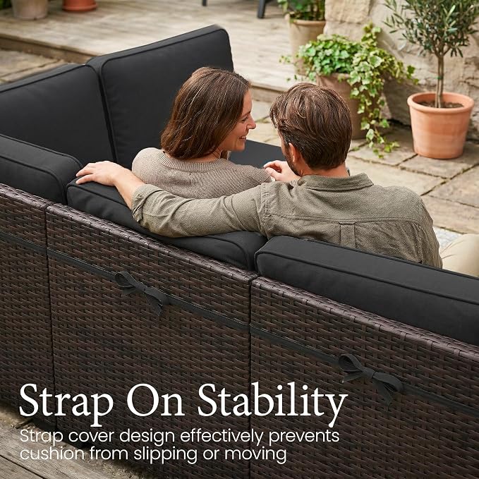 LayinSun 7 Pieces Outdoor Patio Furniture Set with 44" Fire Pit Table Brown Rattan Sectional Sofa Conversation Sets