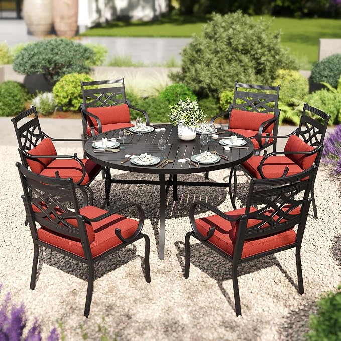 PHI VILLA Patio Dining Set, Round Metal Table | Metal chairs, Red, Umbrella Hole, Cushions, E-coated