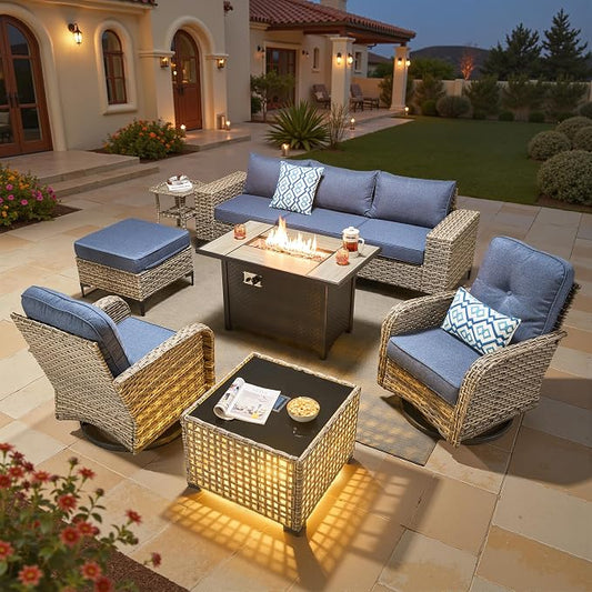 9 Pcs Patio Outdoor Furniture Set - All Weather Wicker Outdoor Sectional Sofa Couch with Swivel Fire Pit Table and Rocking Chairs e,Patio Rattan Conversation Set for Garden Deck Yard,Denim Blue