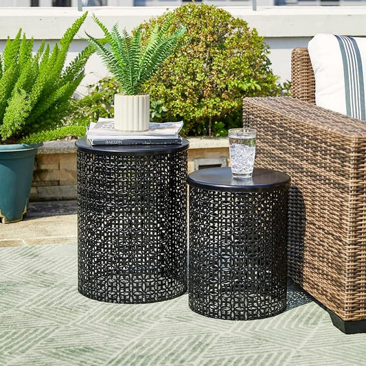 Glitzhome Outdoor Side Table Set of 2, Decorative Garden Stool for Patio Heavy Duty Metal Frame Accent Table Modern End Table, Glossy Black