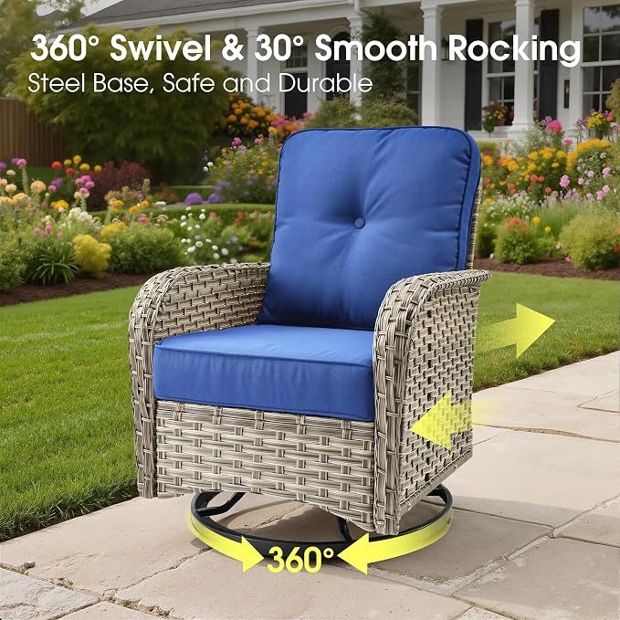 Wicker Patio Furniture Set with Fire Pit Table,9 Pieces Outdoor Sectional with Swivel Chairs Ottoman,Out Door Furniture Conversation Set,Navy Blue