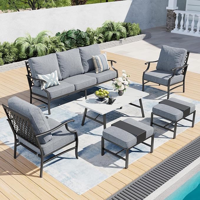 SUNSHINE VALLEY 6 Piece Metal Outdoor Patio Furniture Set, Patio Conversation Sets 1 3-seater Sofa, 2 Fixed Chairs, 2 Ottomans with 5.75" Thick Cushion and Coffee Table, Black Backyard Furniture, Gray