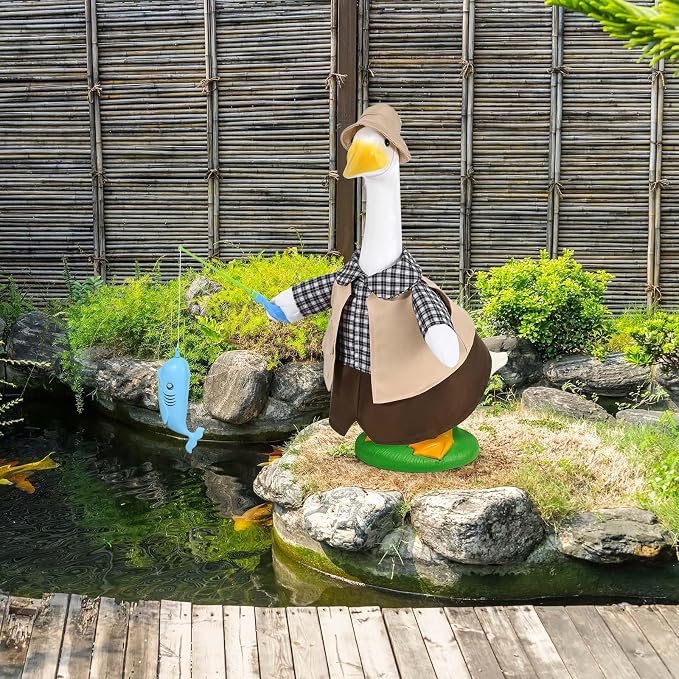 JcHrmers Fishing Porch Goose Outfits Fisherman Lawn Goose Clothes Fit 23" High Cement or Plastic Goose Statue for Outdoor Garden Yard Patio Decor