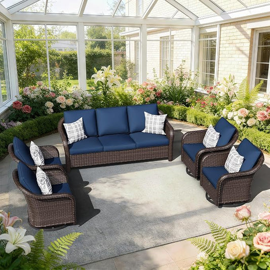 5 PCS Outdoor Conversation Set | 78" Couch, 4 Swivel Chairs, Patio Wicker Conversation Furniture with Removable Cushions for Bistro, Deck, Sunroom (Navy Blue)