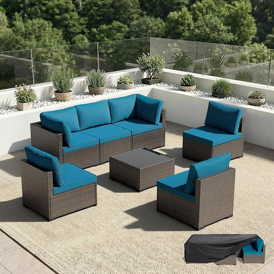 Patio Furniture Set - All-Weather - 7 Piece Patio Outdoor Conversation Set, Modular Wicker Rattan Sectional Sofa for Backyard, Garden, Poolside, Balcony, Porch, Patio, Brown/Peacock Blue