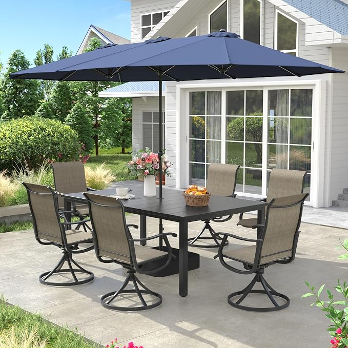 VICLLAX Patio Table and Chairs with Patio Umbrella, 6 Patio Swivel Chairs and Metal Patio Table with 15ft Blue Outdoor Umbrella for Backyard, Mixed Brown Chairs & Black Tabletop