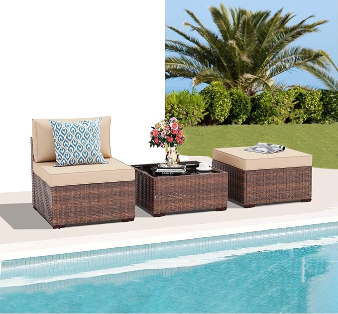 Patiorama 3 Piece Patio Furniture Set, Outdoor Sectional Sofa, PE Wicker Rattan Conversation Set, All Weather Armless Chair and Ottoman with Coffee Table, Brown Wicker Beige Cushion
