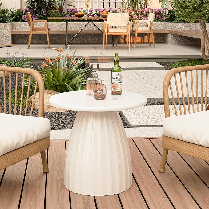 Round Small Patio Side Table, Patio Furniture Accent End Table, Metal Steel Outdoor Side Table, for Garden, Pool, Yard, Balcony, Living Room, Deck, Weather Resistant, No Assembly, Beige White