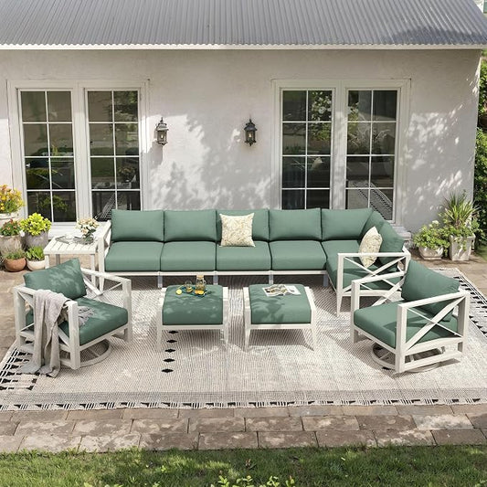 Aluminum Outdoor Patio Furniture Set with Swivel Chairs, 11-Piece Outdoor Sectional with 5.2" Thick Cushions, Patio Conversation Sets with Ottomans for Backyard,(White,8 Seats)