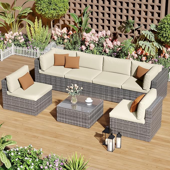 SUNVIVI OUTDOOR 7 Piece Patio Furniture Sets All Weather Gery PE Wicker Couch Sofa with Glass Table, Removable Beige Cushions, Brown Rattan