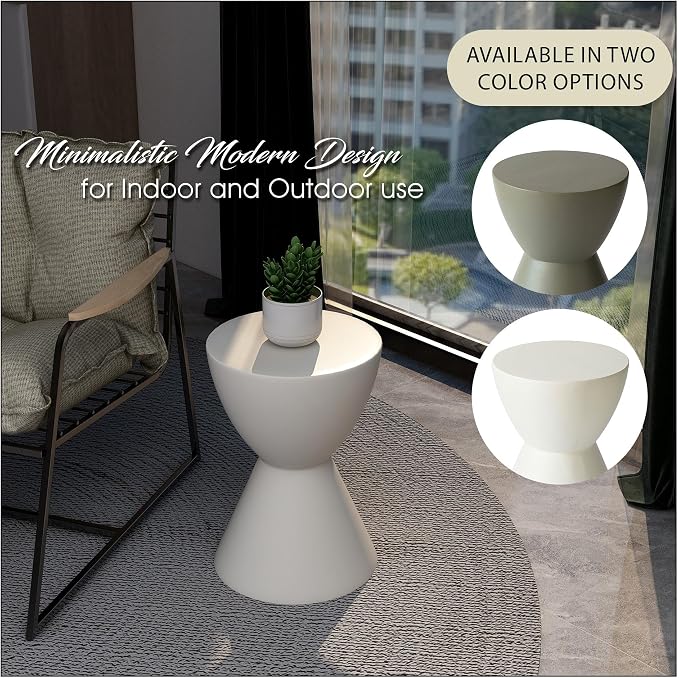 LeisureMod Loft Series White Fiberstone Side Table - Modern Hourglass Round Pedestal - 18-inch Weather-Resistant Accent for Outdoor Patio and Indoor Living Room Decor