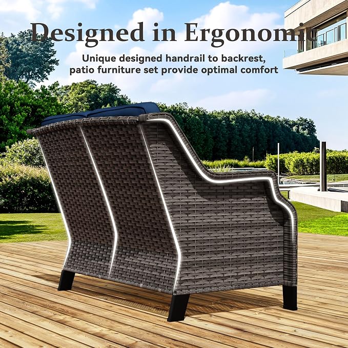 3 Pieces Patio Furniture Set, Outdoor Furniture Set with 1 Wicker Loveseat, 2 PE Rattan Ottoman, Thick Cushions, Ideal for Backyard, Garden, Poolside, Blue