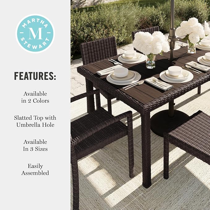 Martha Stewart Bedford 62" Indoor-Outdoor Patio Table with Faux Wood Top and Rattan Wicker Finish in Brown