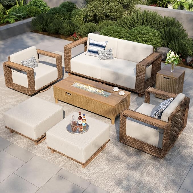MIXPATIO Patio Furniture Set with Swivel Chairs & Outdoor Fire Pit Table, 7 Pieces Yellow Rattan Wicker Conversation Sets, Deep Seating Sofa with 10" Thick Cushions, Low Profile Deck Lawn Furniture